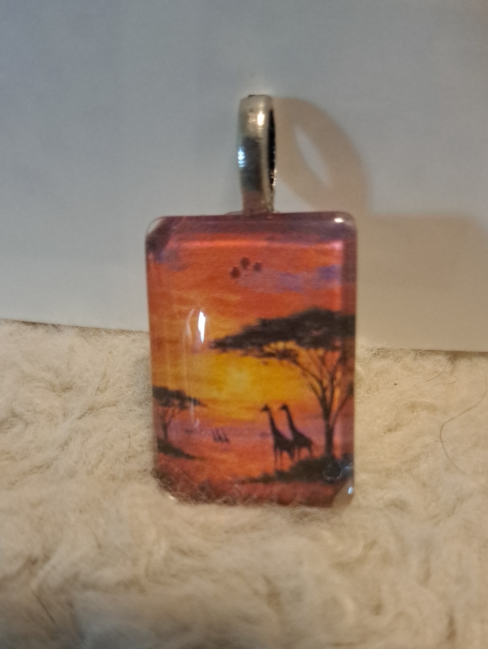 Hand Crafted Sunset Savanna Glass tile Pendant - Orange Giraffe Art Necklace